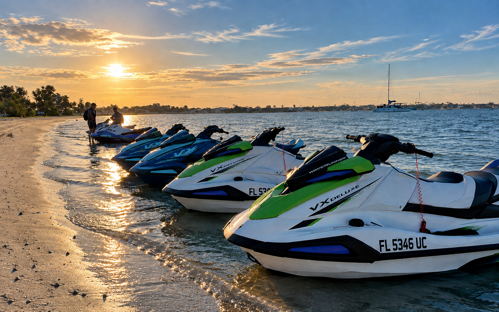 Little Philly jet skis lined up at sunset